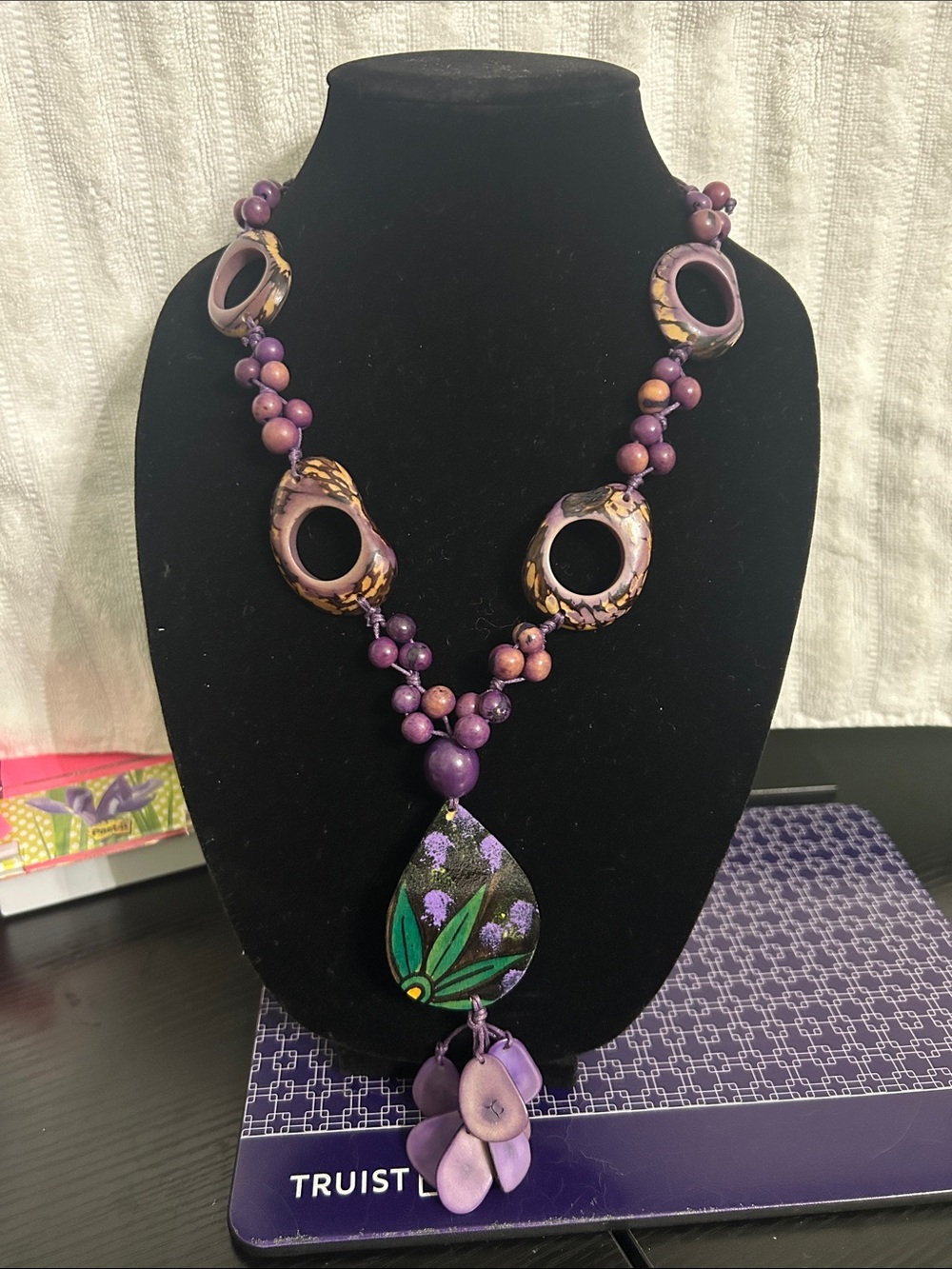 Handpainted Purple Floral Pendant Necklace - Women Jewelry